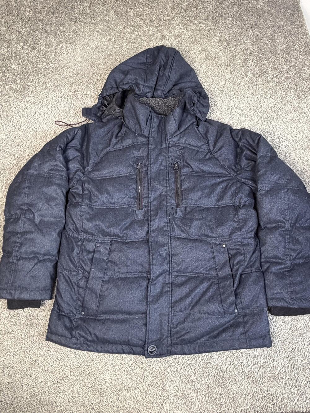 Hawke & Co Jacket Mens L Down Puffer Hooded Insulated Faux Fur Collar Full Zip